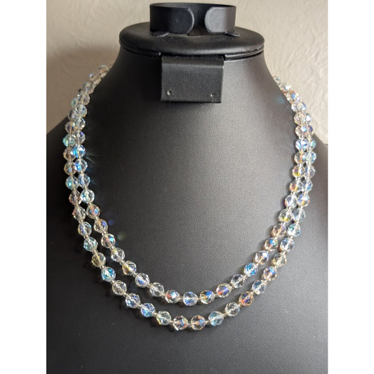 Vintage Aurora Borealis Faceted Crystal Double Strand Box Clasp 20" Necklace