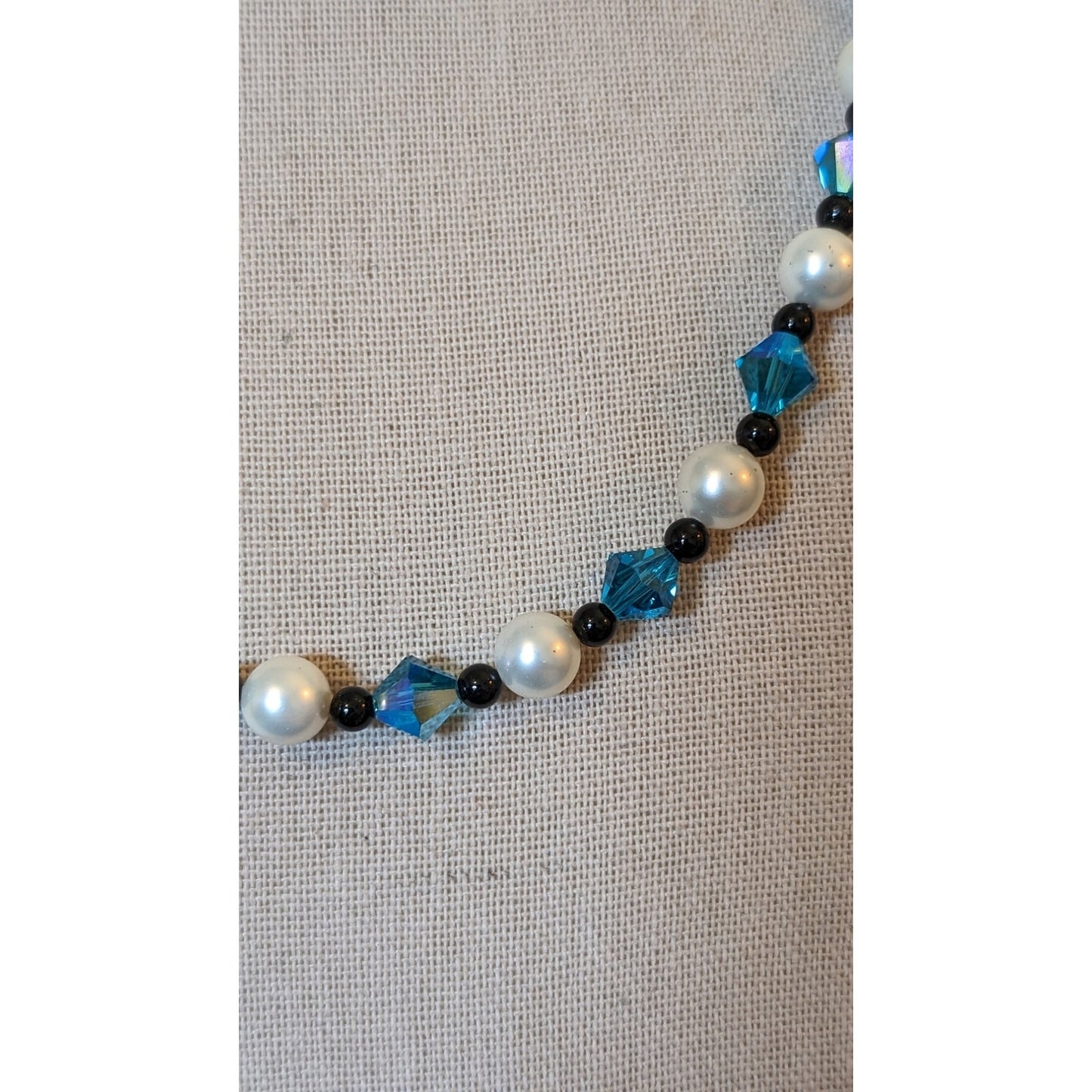 Blue Crystal Bicone, Black Glass & Pearl Bead Necklace & Bracelet Set