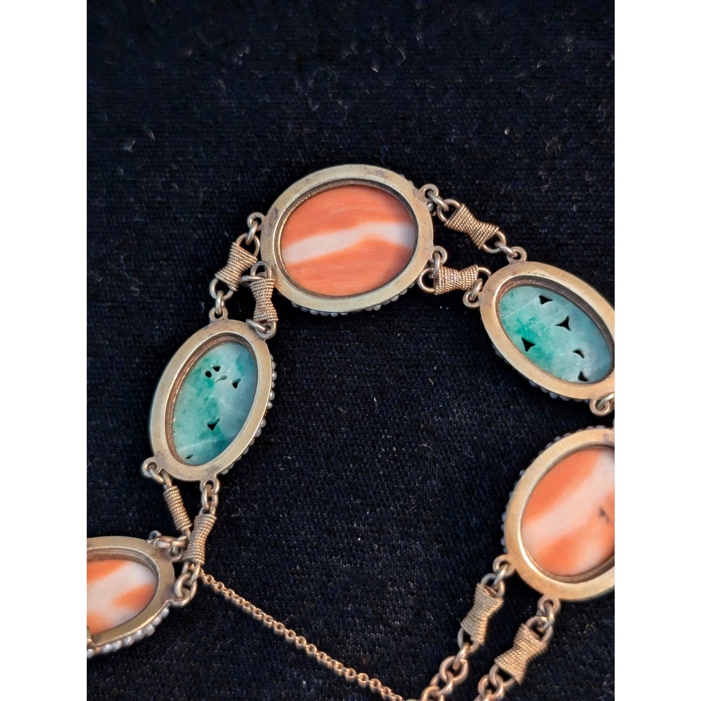 Antique Carved Green Jade Coral & Seed Pearl 14k Yellow Gold Bracelet