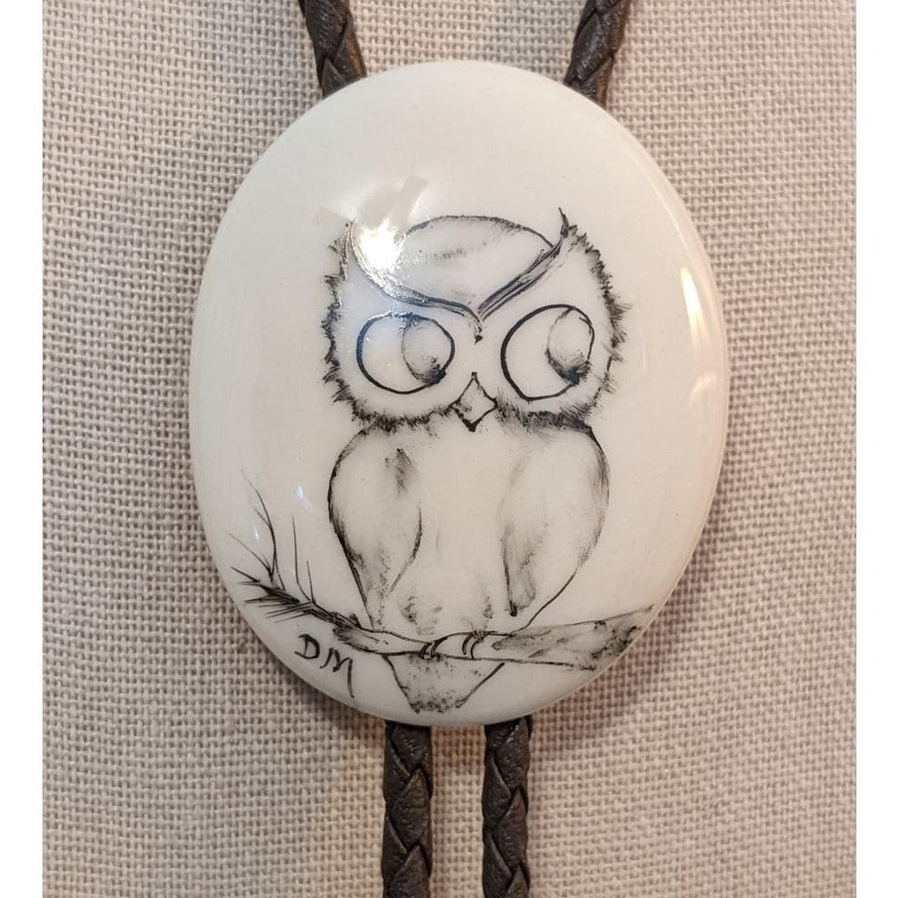 Hand-Painted Ceramic Owl Signed DM Braided Leather Bolo Tie