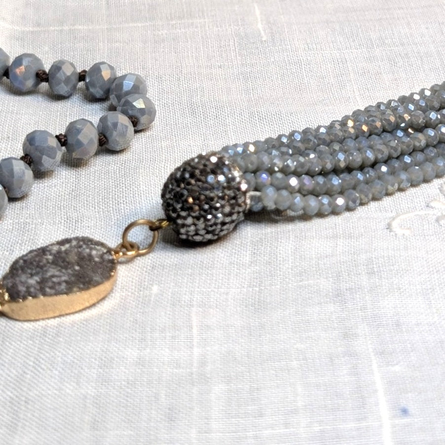 Boho Blue Gray Glass Czech Bead Druzy Sparkle Bead Tassel Necklace