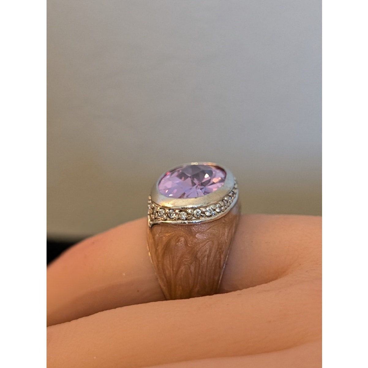 Signed LGA 925 Enamel Faceted Purple Crystal Center Stone Cocktail Ring Sz. 6