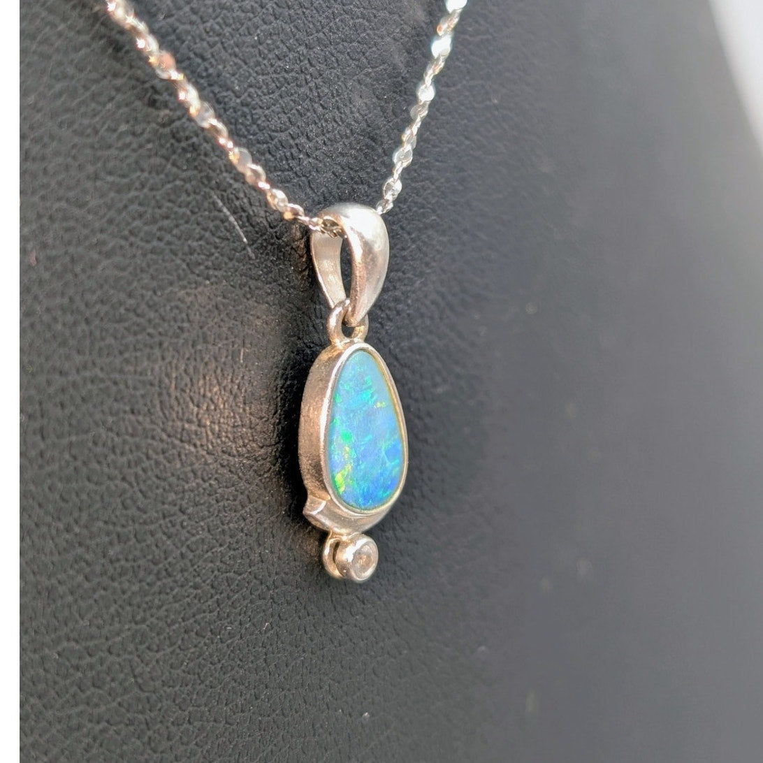Vtg 925 Sterling Silver Opal White Sapphire Pendant 16" Sparkle Chain Necklace