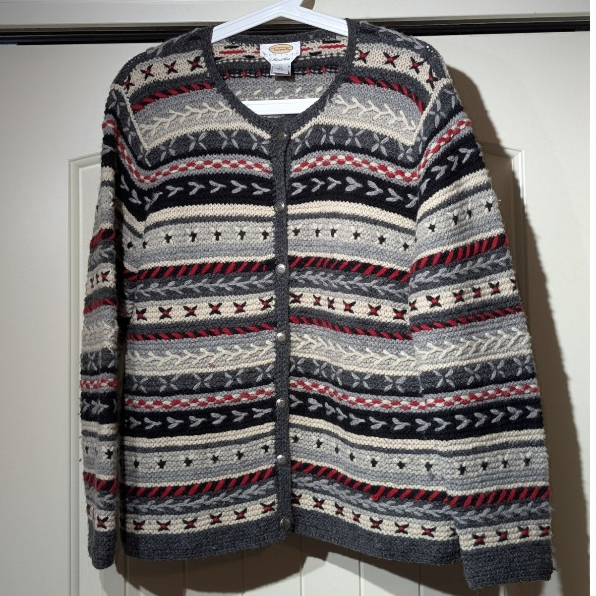 Talbot's Hand Knit 100% Wool Gray Cream Red Black Button Cardigan Sweater Sz MP