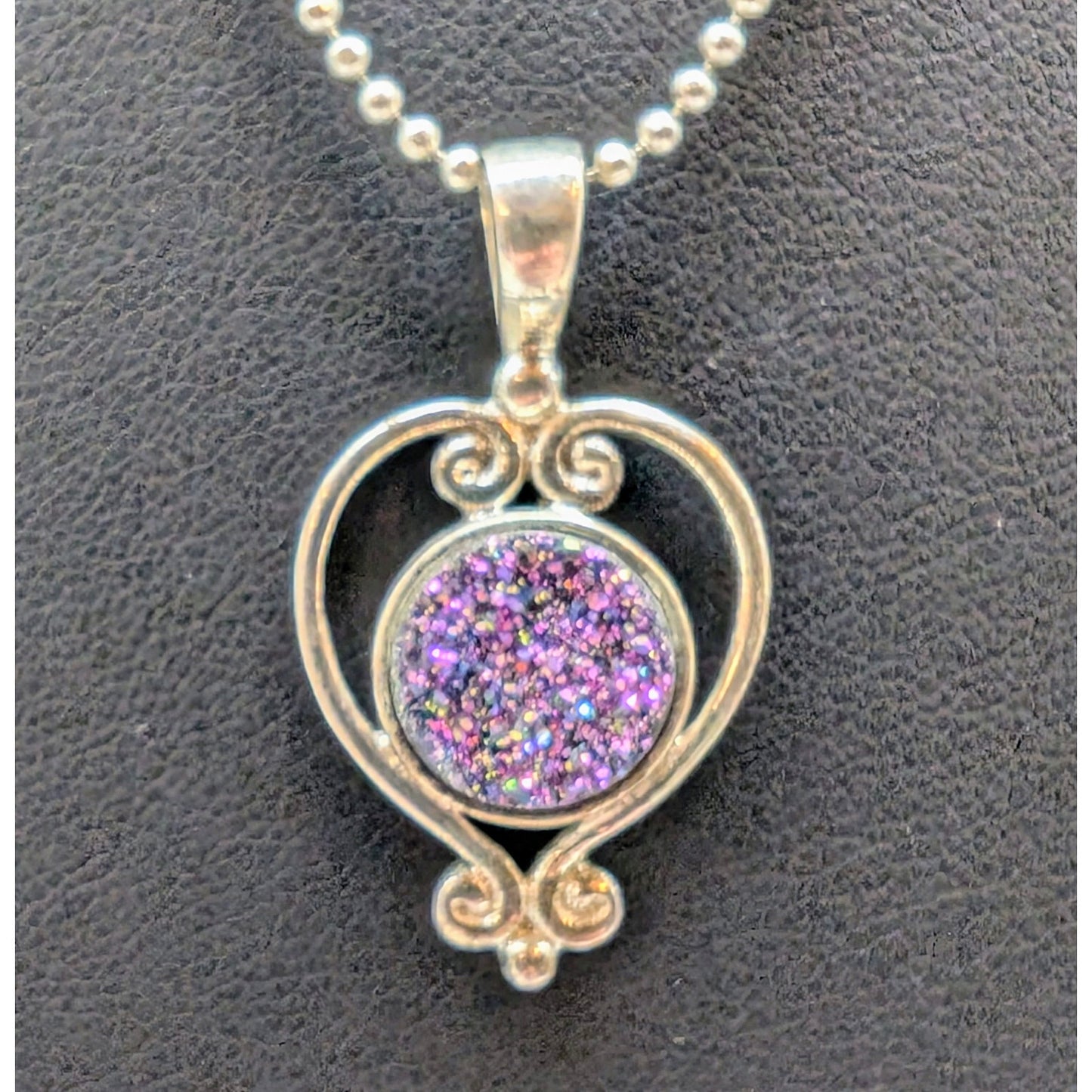 Signed Sajen 925 Sterling Blue Purple Druzy Pendant Bead Ball Chain 18" Necklace