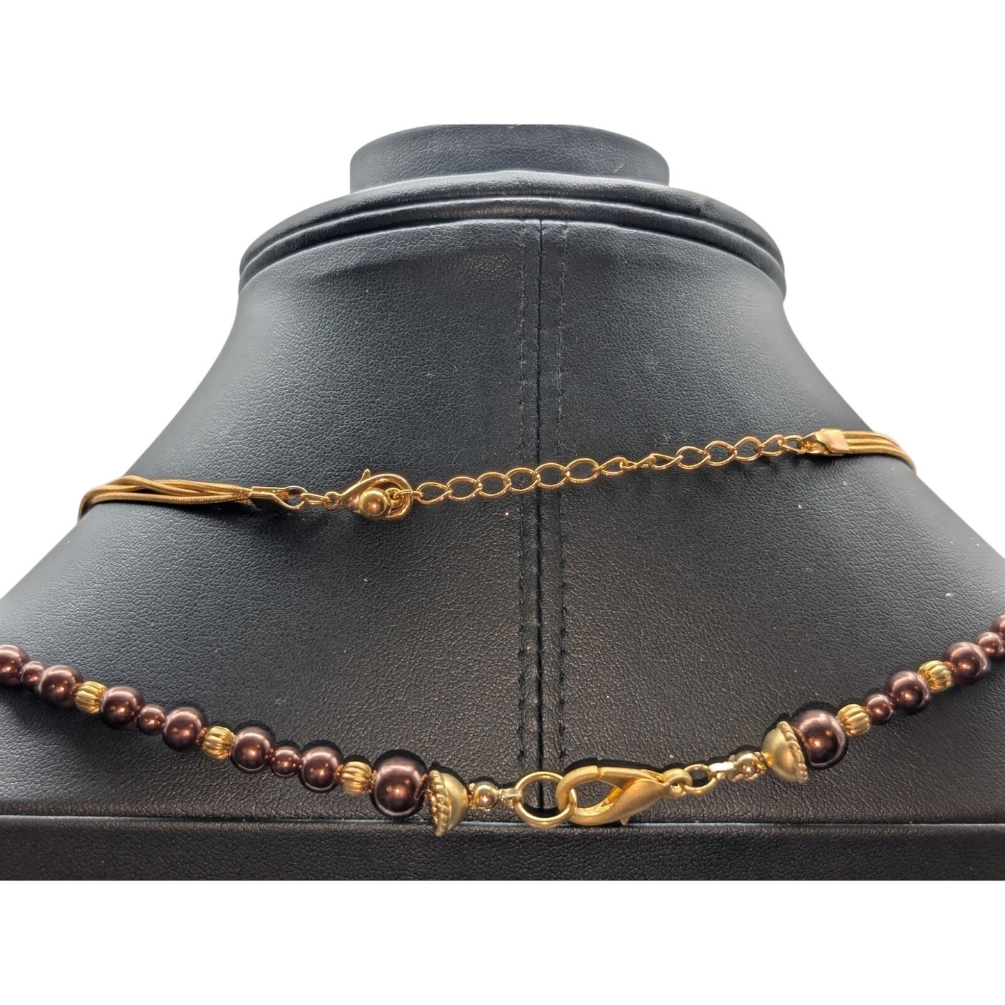 Two Gold Tone Beaded Necklaces--1 Triple Strand Ball Bead & 1 Copper Glass Bead