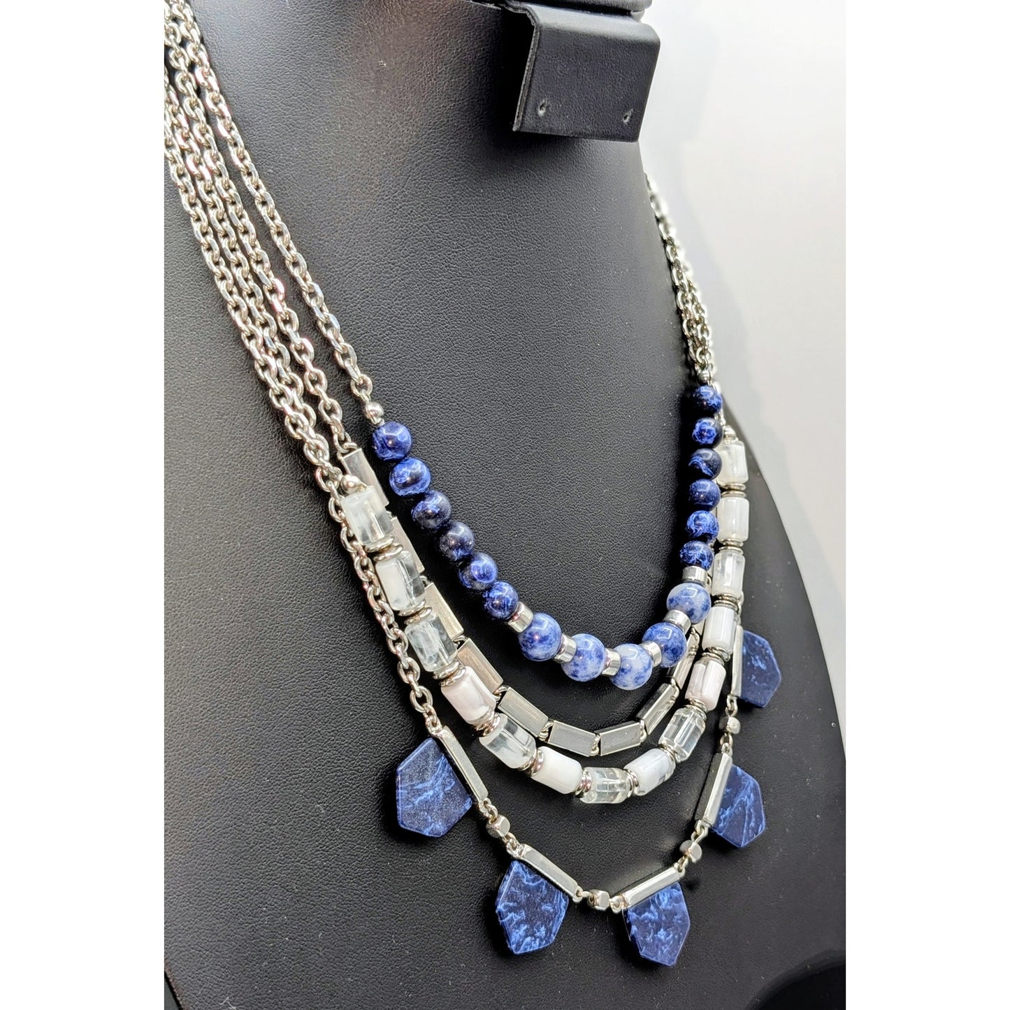 White House Black Market Four Strand Blue Silver Tone Beaded Stone Necklace