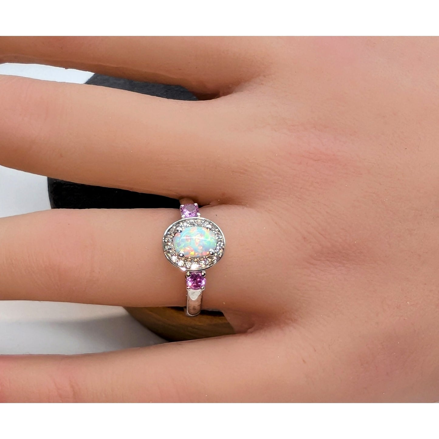 925 Sterling Oval Lab-Grown Pink Opal Cabochon & Pink White Spinel Sz 6.75
