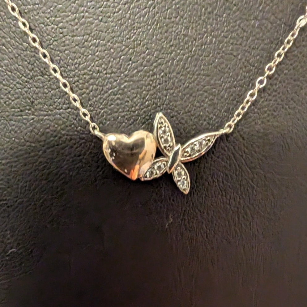 LA CN 925 Sterling Silver Two Tone Heart & CZ Butterfly 16"-18" Necklace