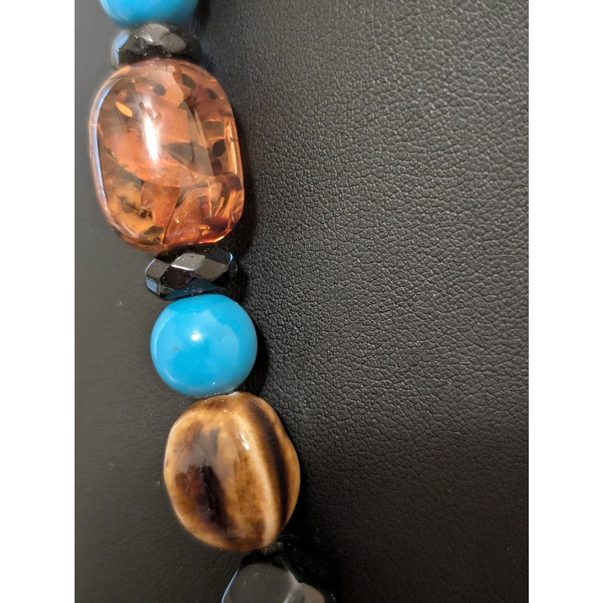 Chunky Faux Turquoise Amber Tiger Eye Black Onyx Beaded Necklace