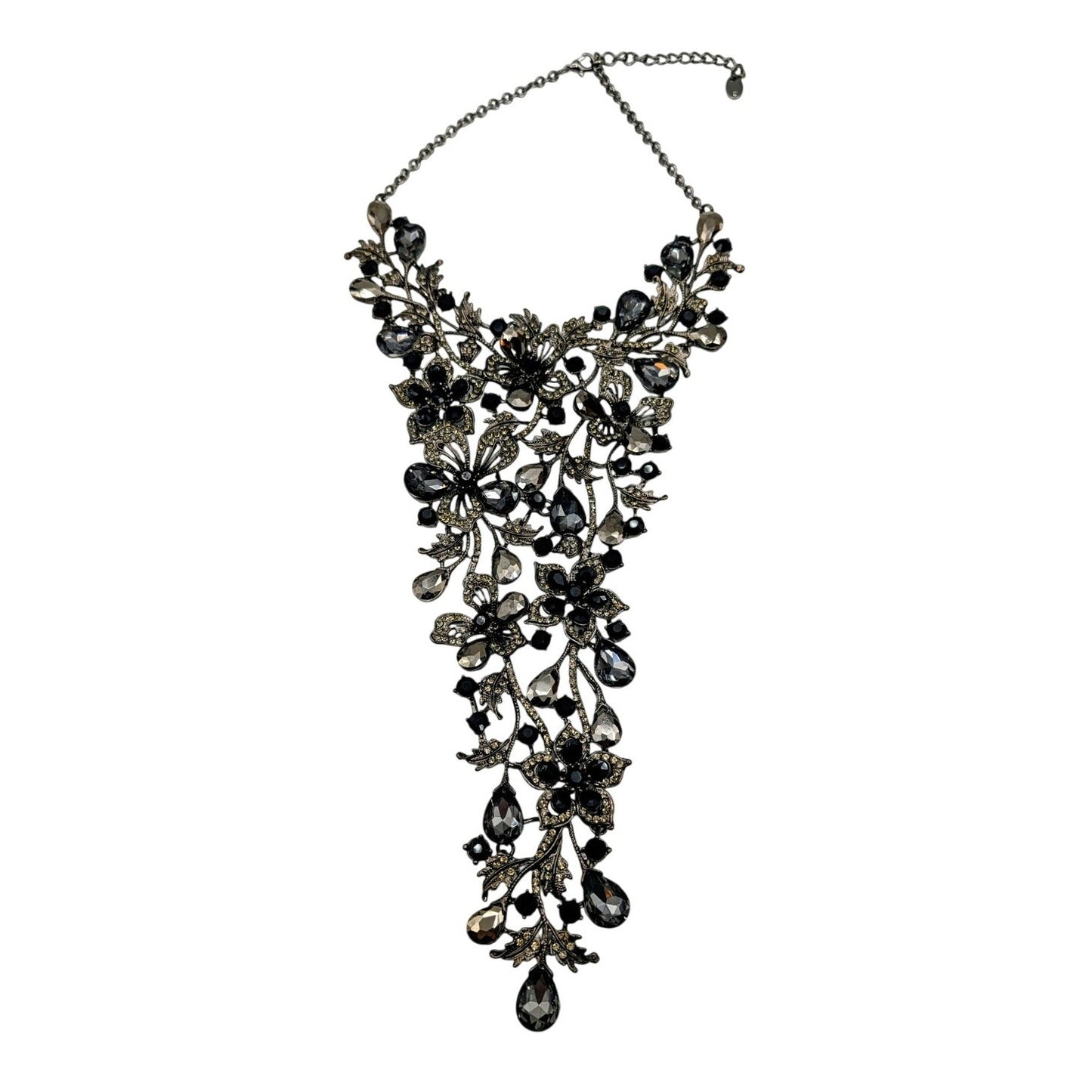 Natasha Flower Power Black Gray Metallic Stone Gun Metal Cascade Necklace