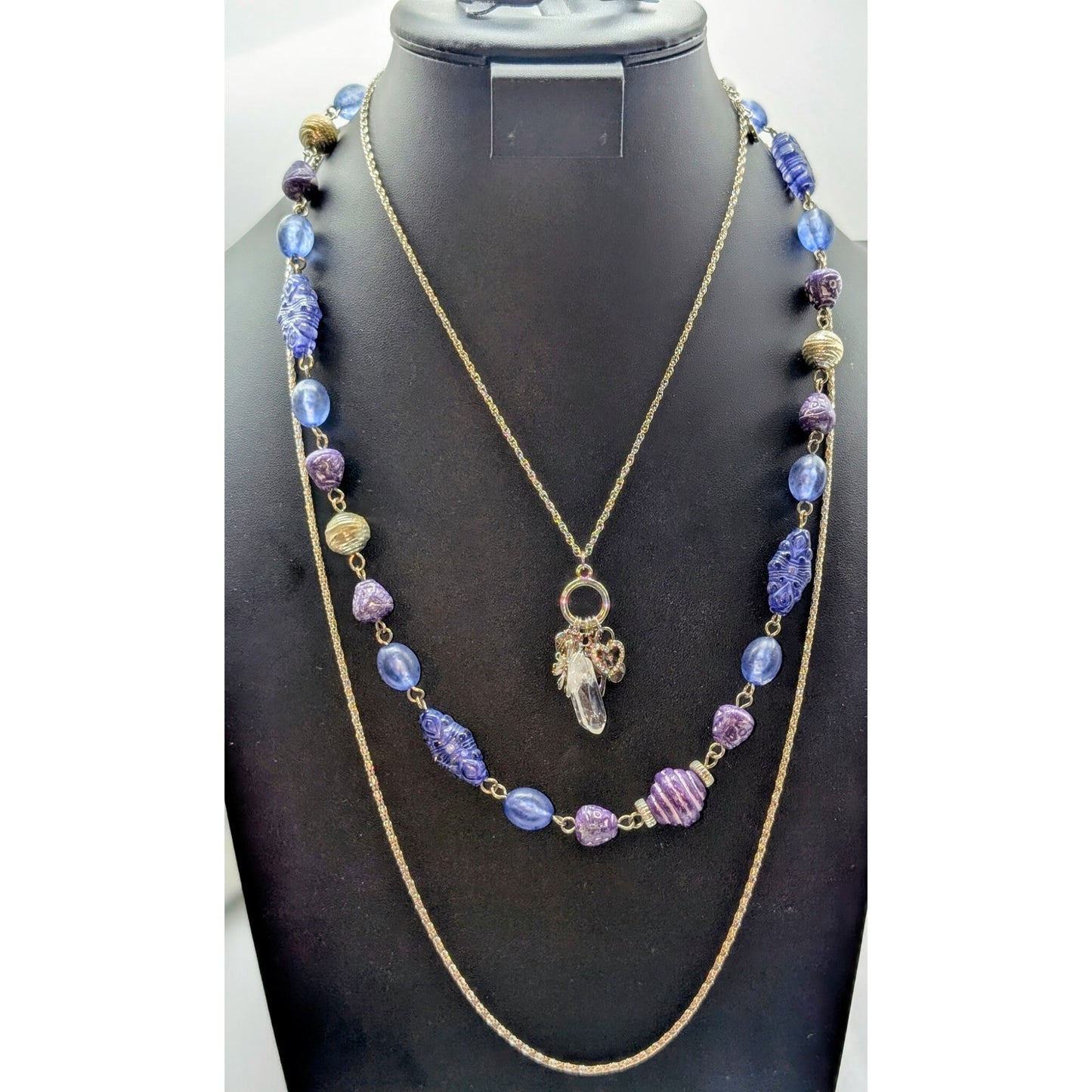 Lot of Three Silver Tone Necklaces --Vtg Long Chain Purple Bead & Charm Pendant