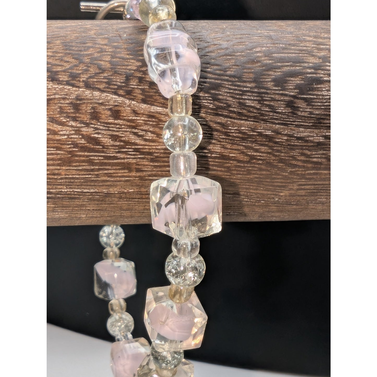 Multi-Shape Glass Beads W/ Pink Cloud Inside Silver Tone Toggle Clasp Bracelet