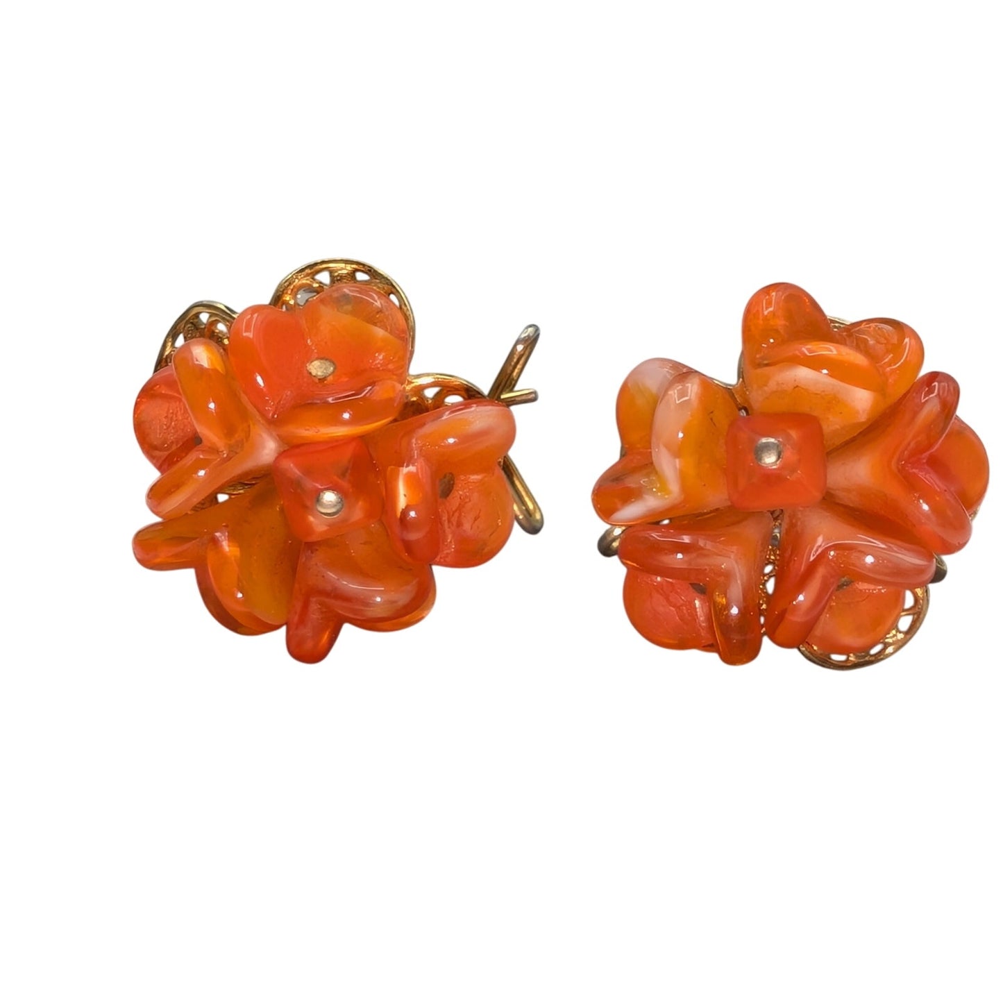 Rare! Judith McCann Mid-Century Modern Orange Glass Flower Wingback Earrings