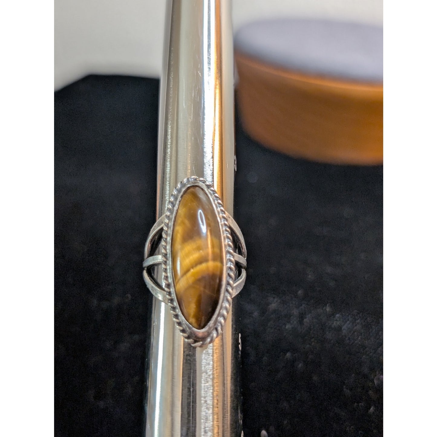 Vintage Sterling Silver Tiger's Eye Long Oval Native American Ring Size 4