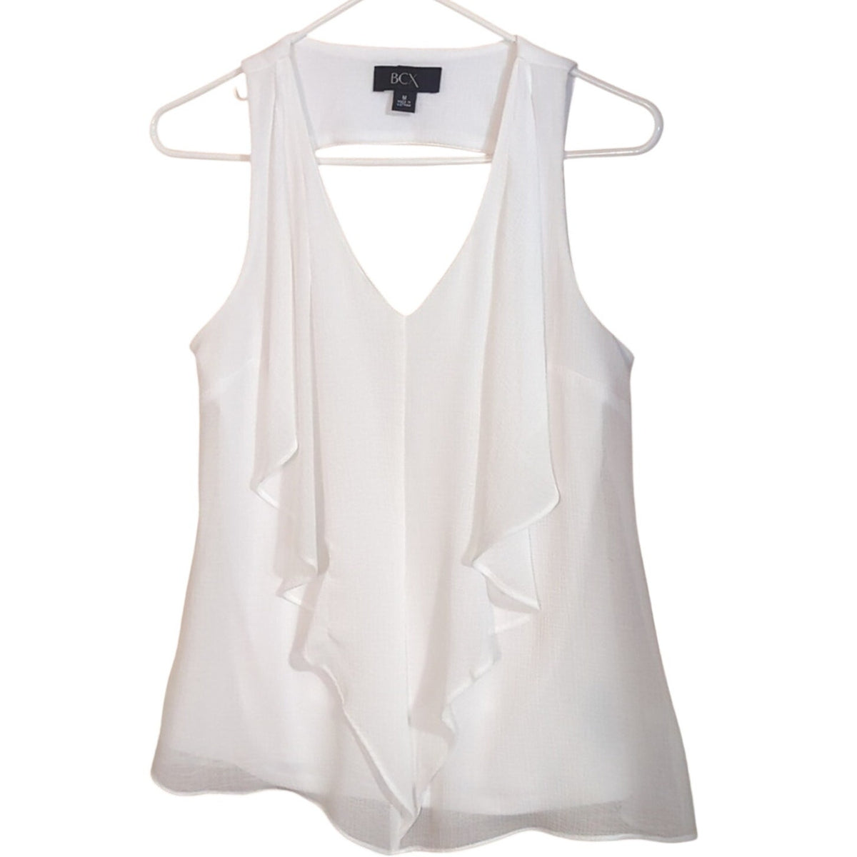 BCX Front Ruffle V Neck Cut Out Back Flowy Lined White Blouse Women's Sz M