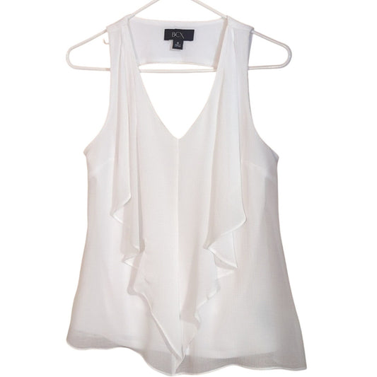 BCX Front Ruffle V Neck Cut Out Back Flowy Lined White Blouse Women's Sz M