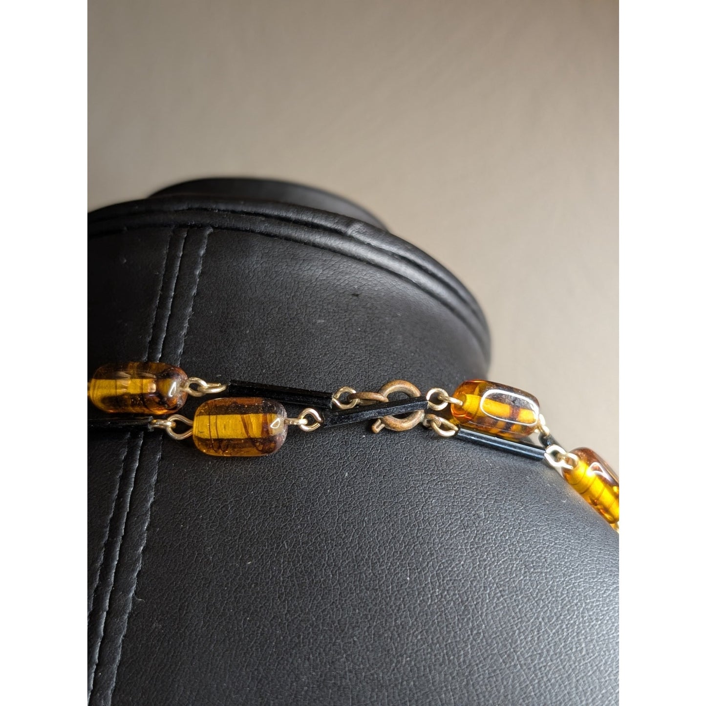 Vintage Amber Glass Black Bar Beaded 54" Long Necklace