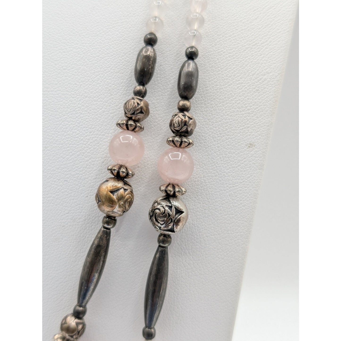 Vintage Liquid Silver Handmade Pink Quartz Crystal Double Strand 25.5" Necklace