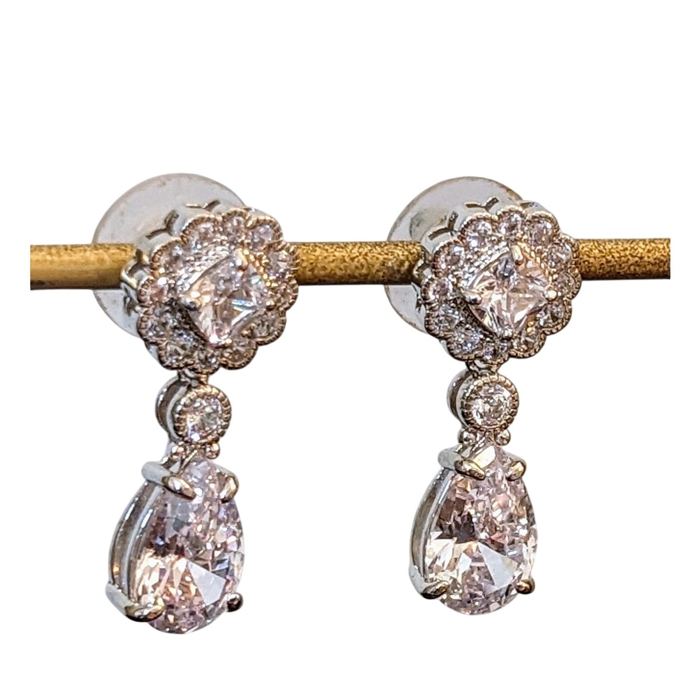 CZ Teardrop Dangle Silver Tone Bridal Earrings