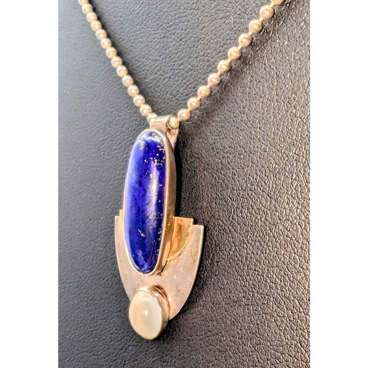 VTG Sterling Two Toned Lapis Lazuli & Moonstone Bead Ball Chain Necklace