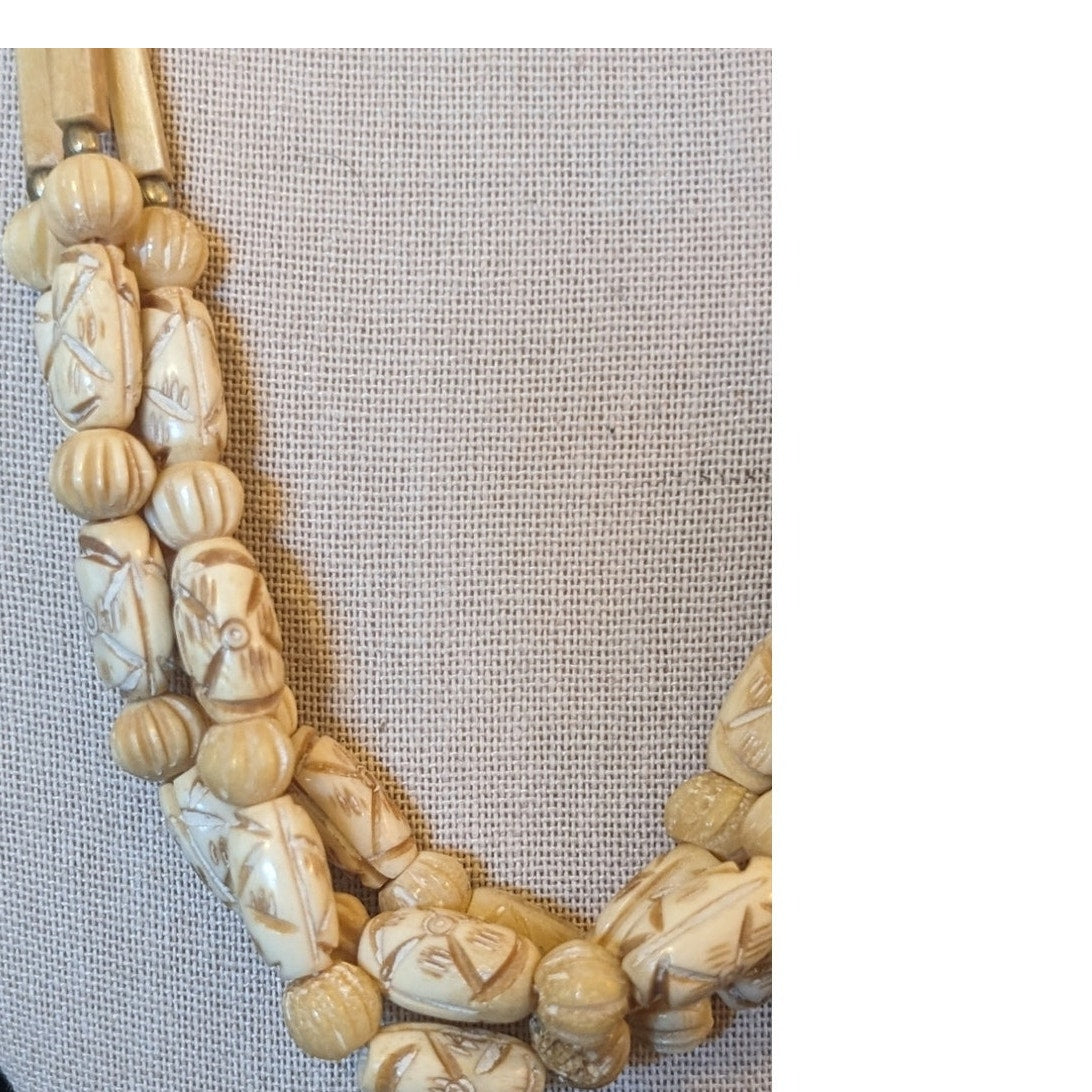 Vintage Tribal Carved Single to Triple Strand Beaded Hook Clasp Necklace