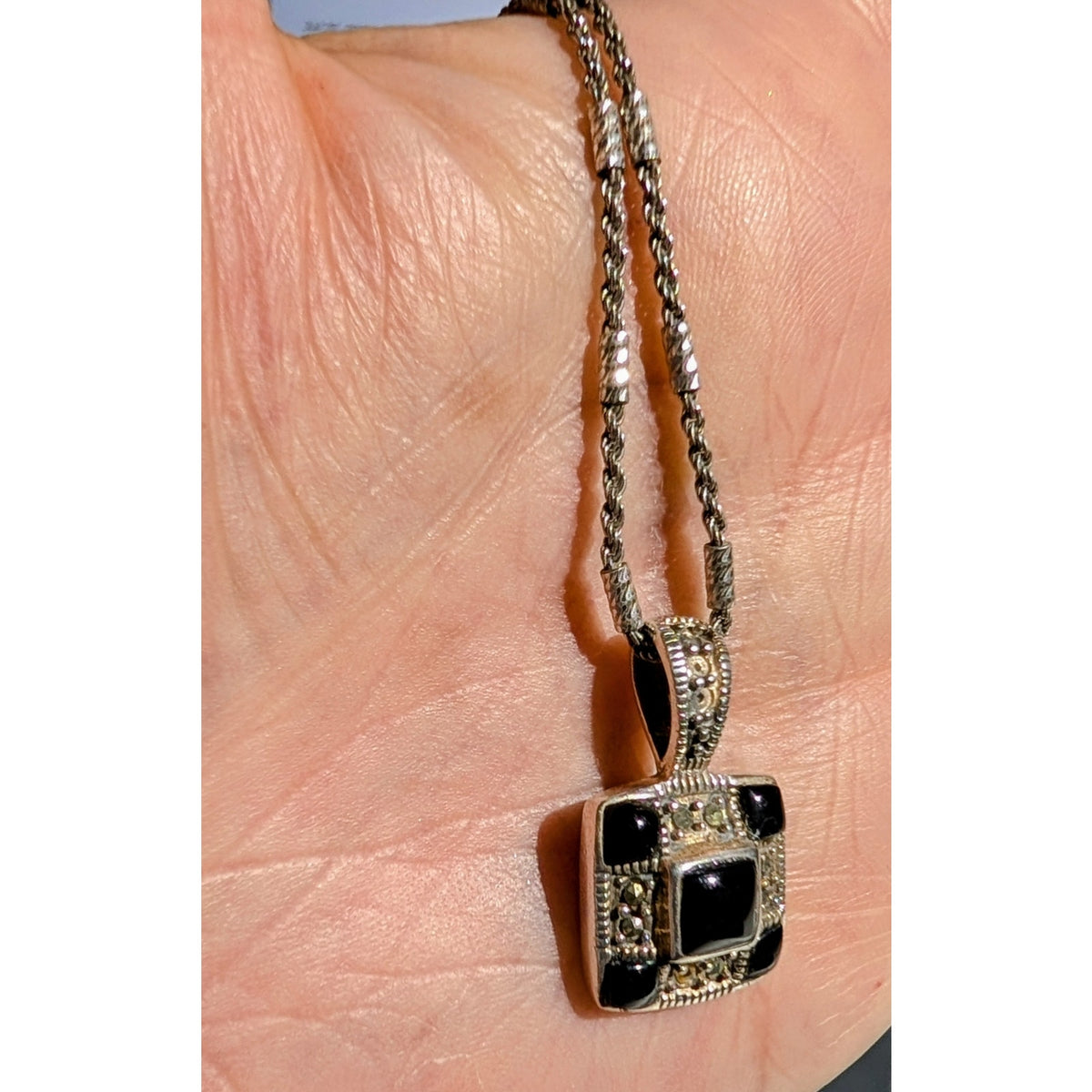 Vtg 925 Sterling Checkerboard Black Onyx Marcasite Pendant Bar Chain Necklace