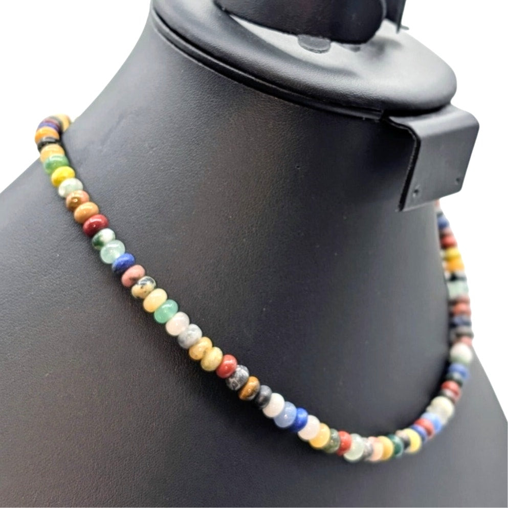 S & P 925 Sterling Silver Semi-Precious Stone Bead Boho Choker 17.5" Necklace