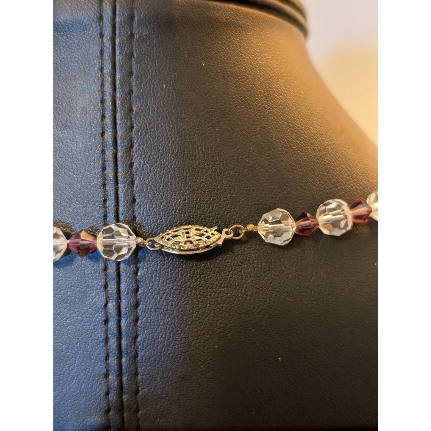 Vintage Clear &  Purple Crystal Bicone Bead Necklace W/ Fish Hook Clasp
