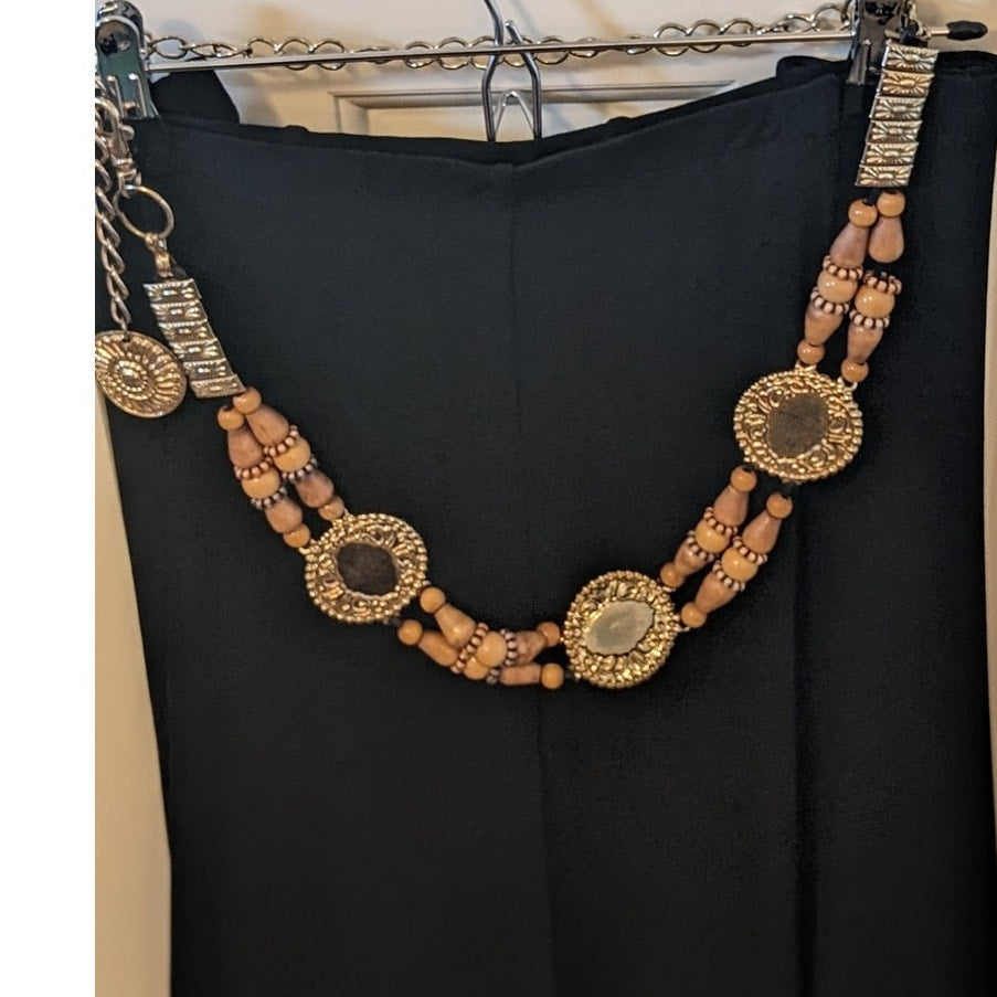 Vintage Wood Bead Metal Disk Chain Belt 27-42"