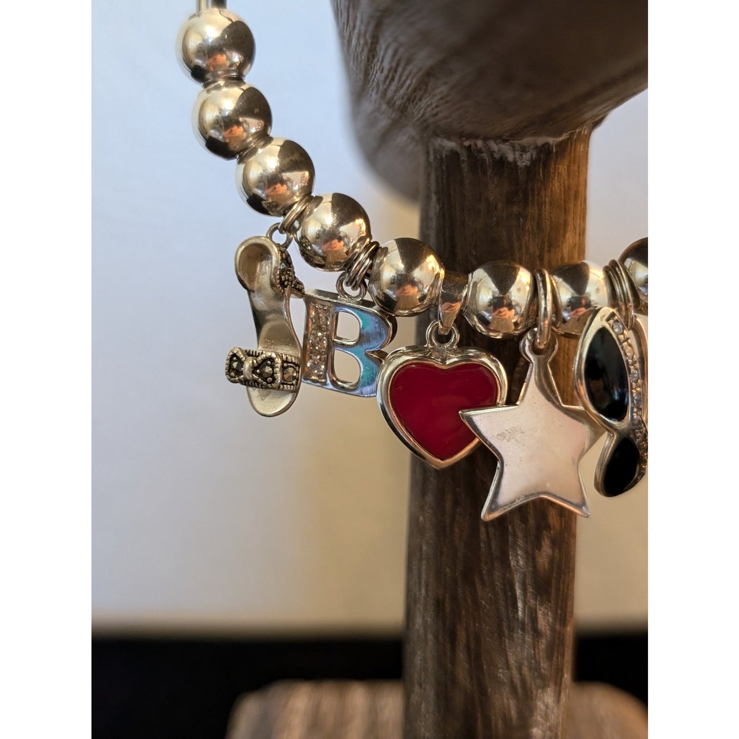 925 Sterling Ball Charm Silver Tone Cuff Bracelet W/ 11 Sliding Balls & 6 Charms