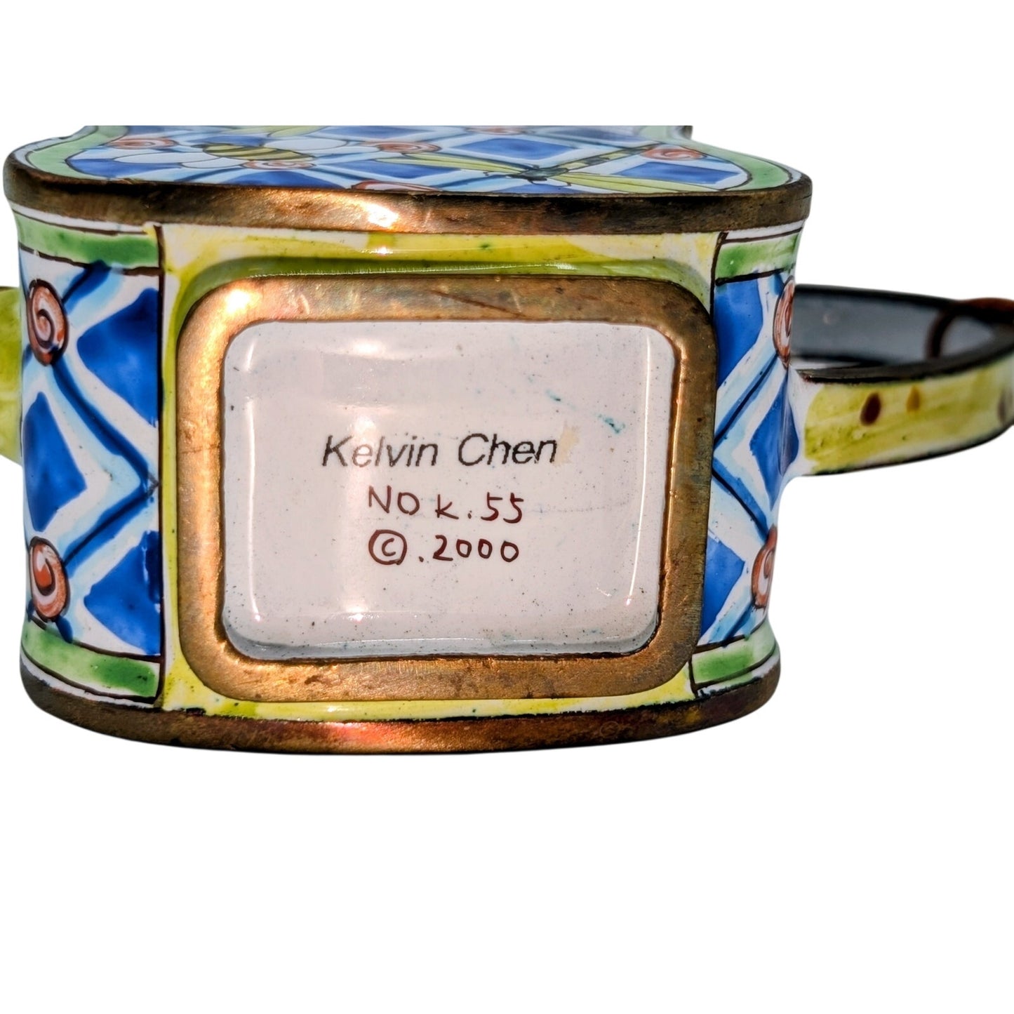 Kelvin Chen VTG Bees & Dragonflies Hand Painted Enamel Brass Collectible Teapot