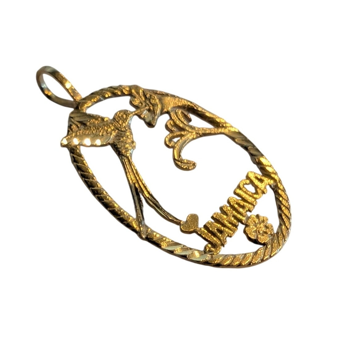14K Yellow Gold Jamaica Hummingbird Flower Caribbean Pride Statement Pendant
