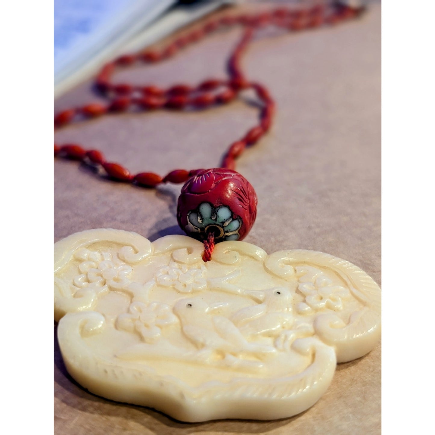 Antique Carved Birds Asian Medallion Hand-Knotted Beaded Necklace