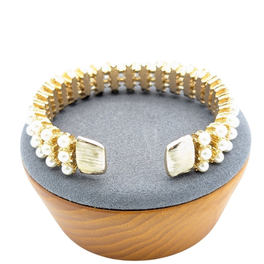 Vintage Gold Tone Three Row Faux Pearl Cuff Bracelet