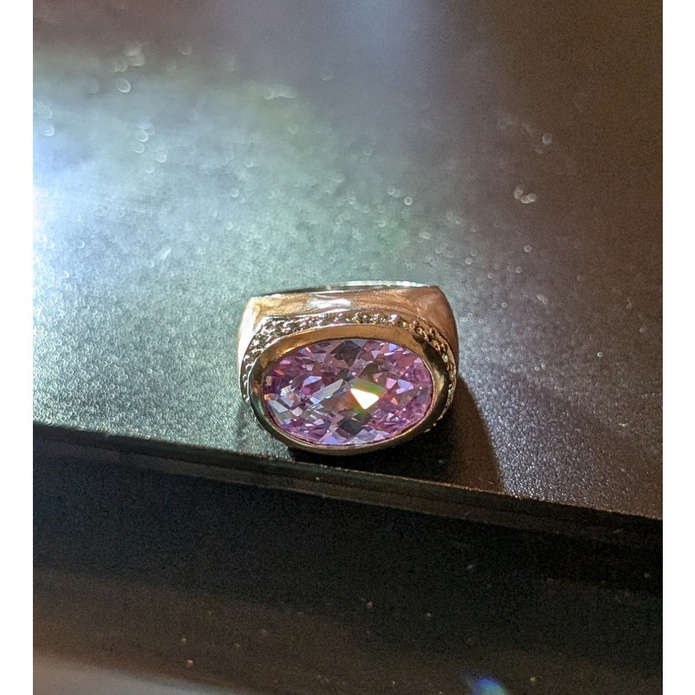 Signed LGA 925 Enamel Faceted Purple Crystal Center Stone Cocktail Ring Sz. 6