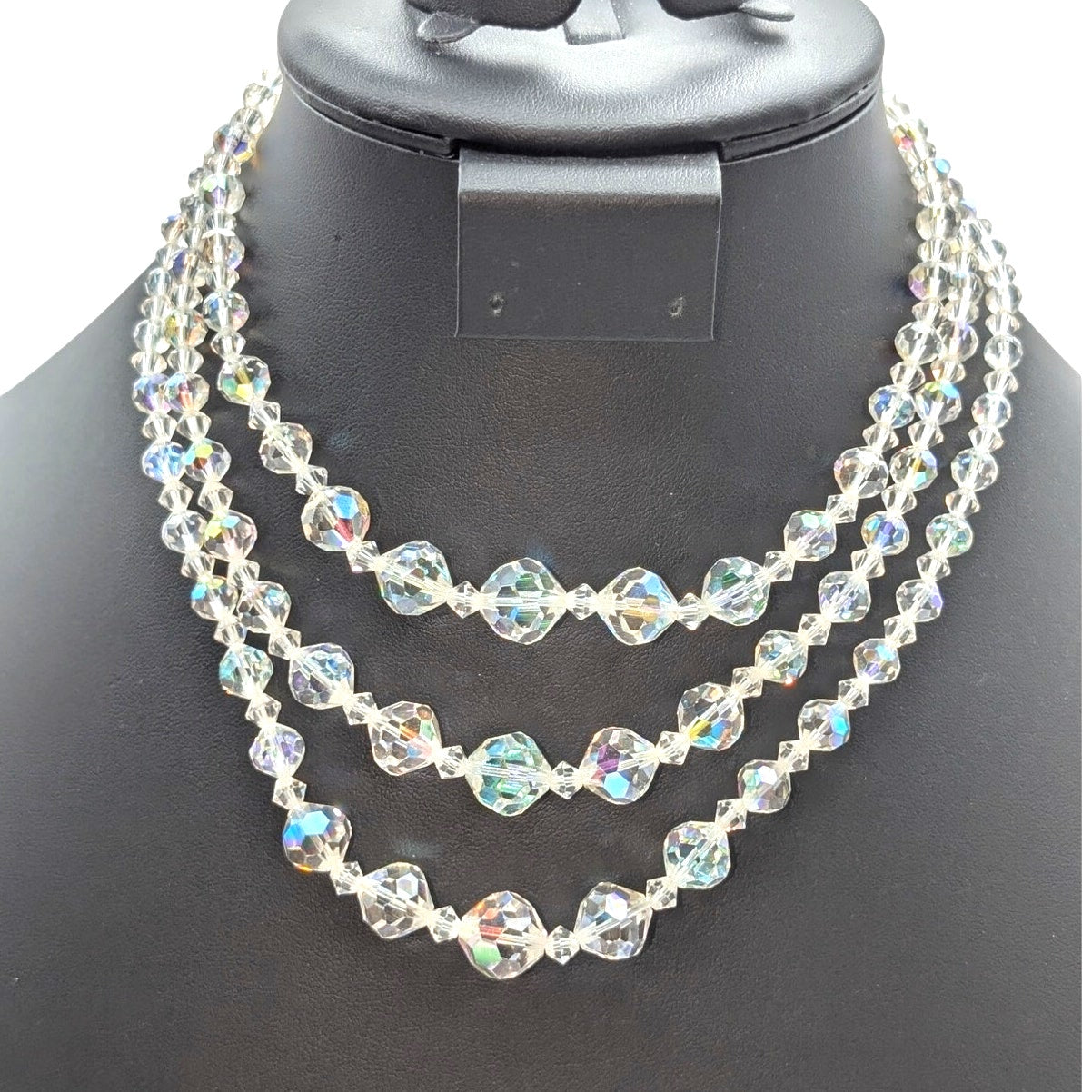 Vtg Graduated Three Strand Czech Faceted Clear & AB Crystal 13"-15.5" Necklace