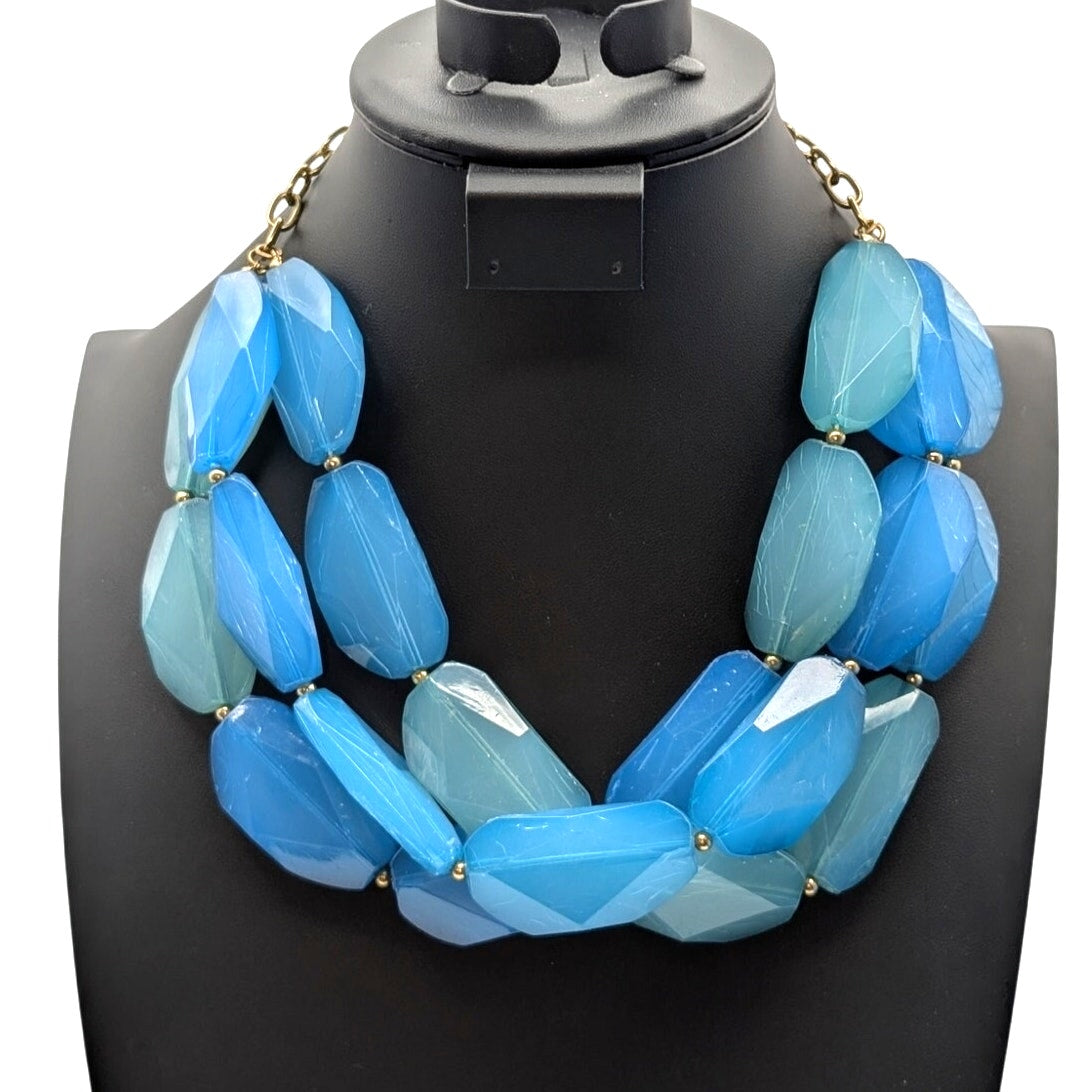Chunky Three Strand Blue Green Acrylic/Lucite Beaded Statement 18"-23" Necklace