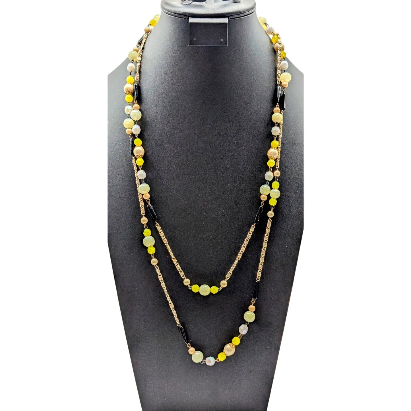 Vintage Black Yellow Cream White Beaded Station Chain Long 60" Necklace