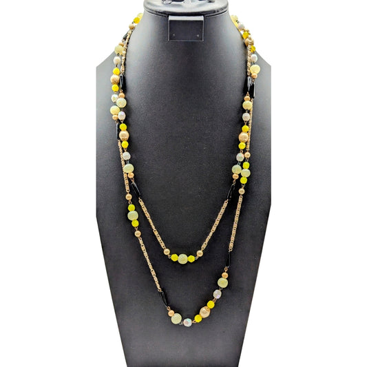 Vintage Black Yellow Cream White Beaded Station Chain Long 60" Necklace