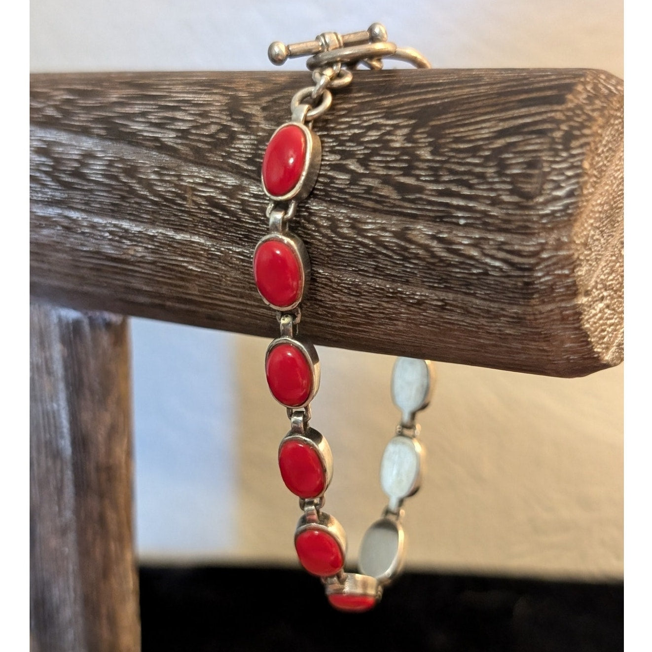 925 Sterling Silver Brilliant Red Coral Toggle Bracelet