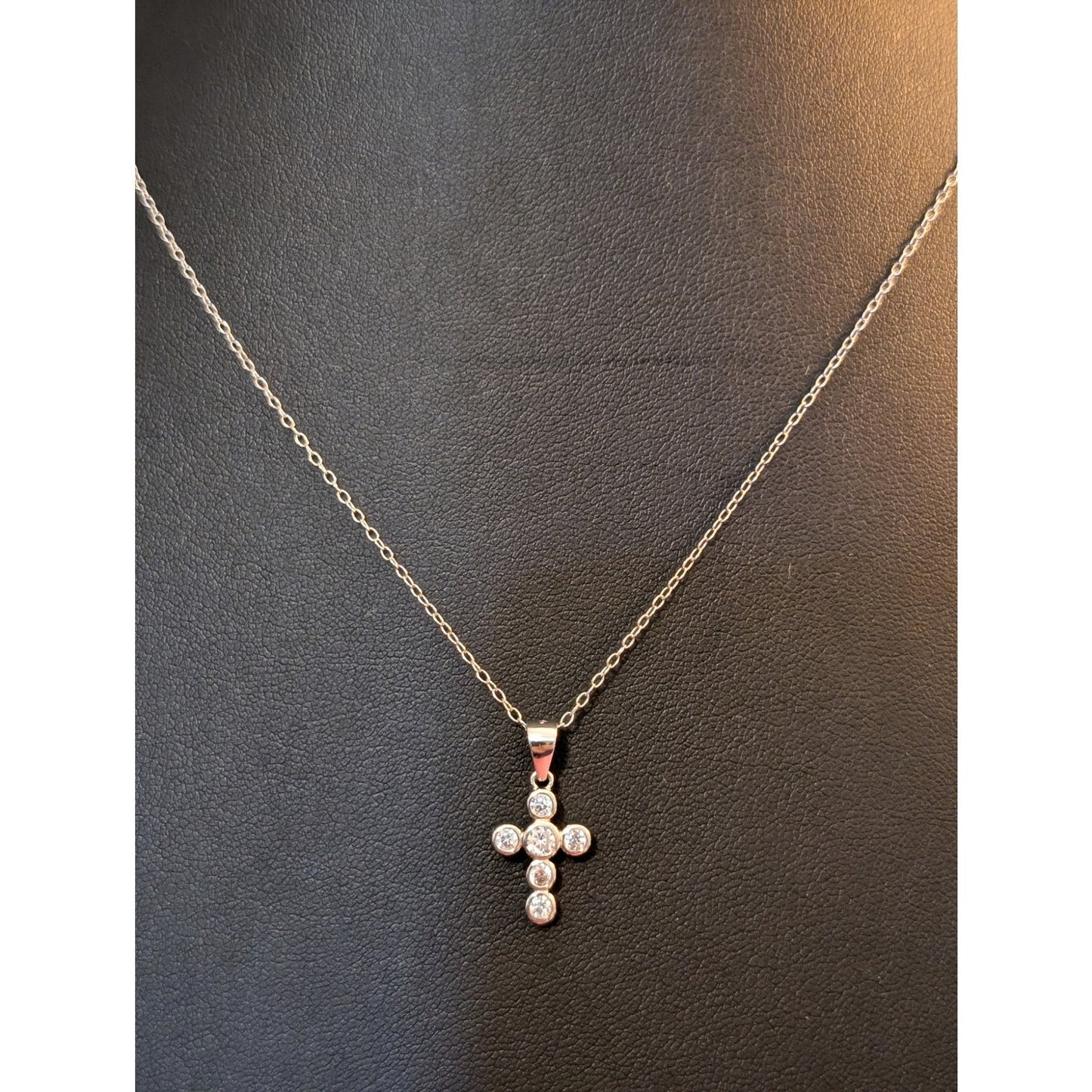 Six Bezel Set Clear Crystal CZ Cross Sterling 18" Necklace