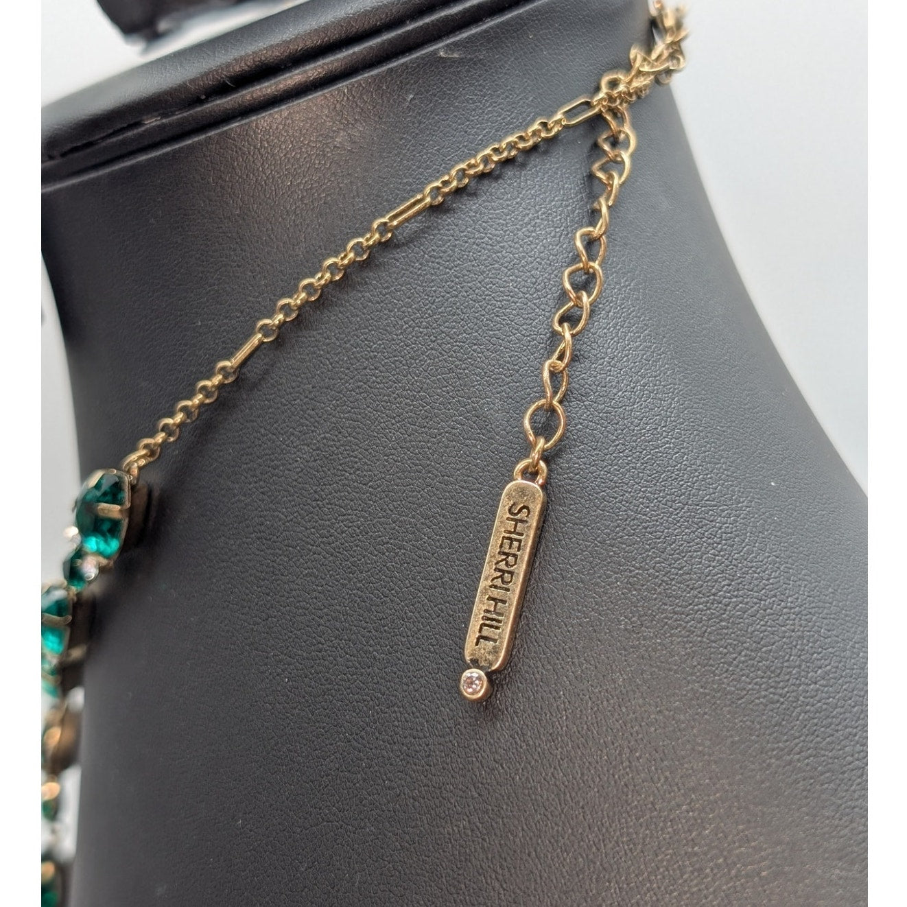 Sherri Hill Gold Tone Metal Green & Clear Rhinestone Long Y 15"-18" Necklace