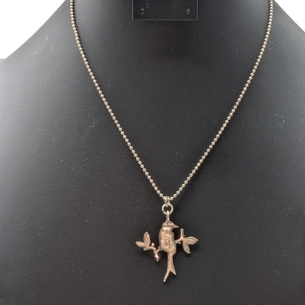 Vtg 925 Sterling Silver Bird on Branch Pendant Bead Ball Chain 17.5" Necklace