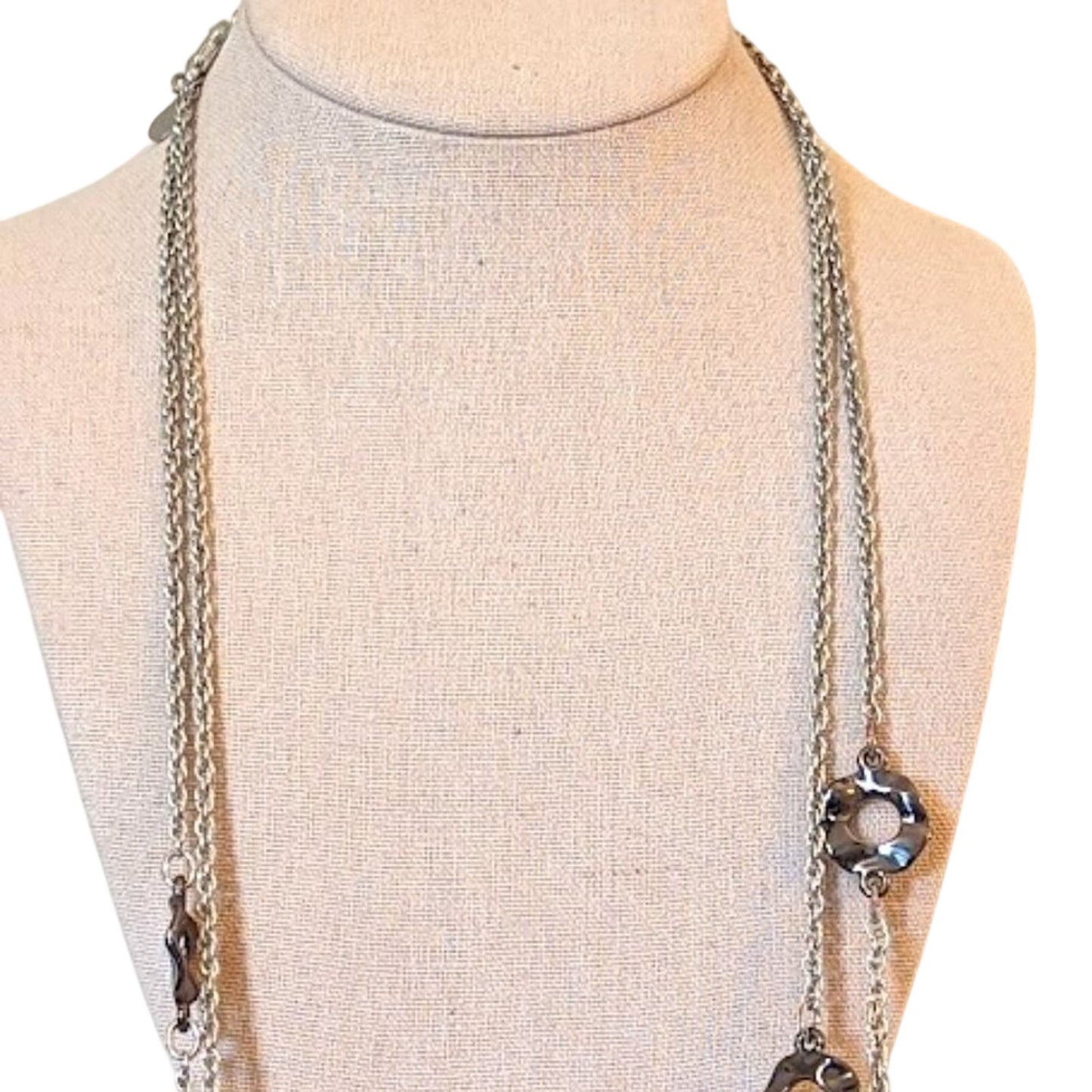 Chico's 50" Silver Tone Chain Necklace With Gun Metal Rhinestone Stations