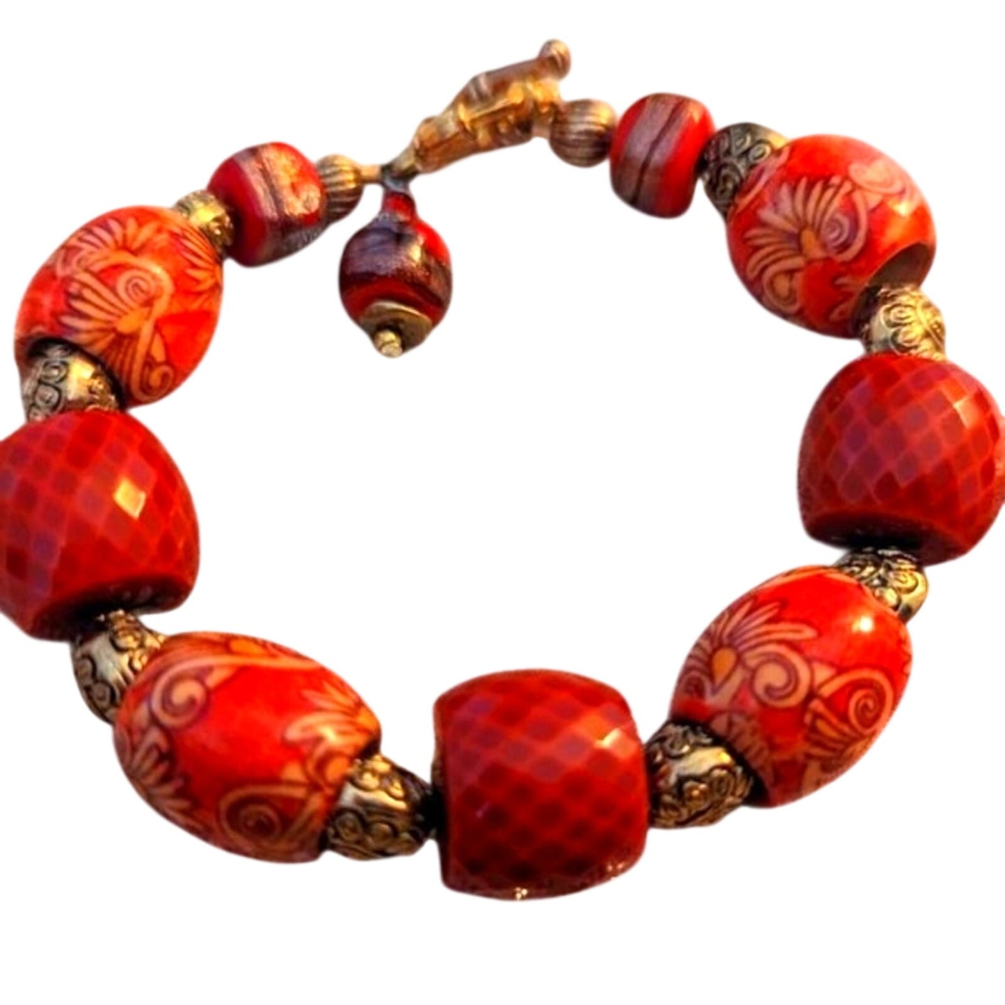 Orange Chunky Gold Tone Multi-Bead Fancy Toggle Dangle Bracelet