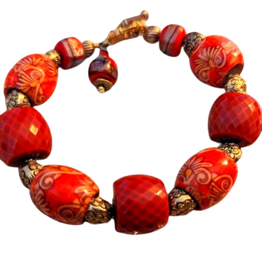 Orange Chunky Gold Tone Multi-Bead Fancy Toggle Dangle Bracelet