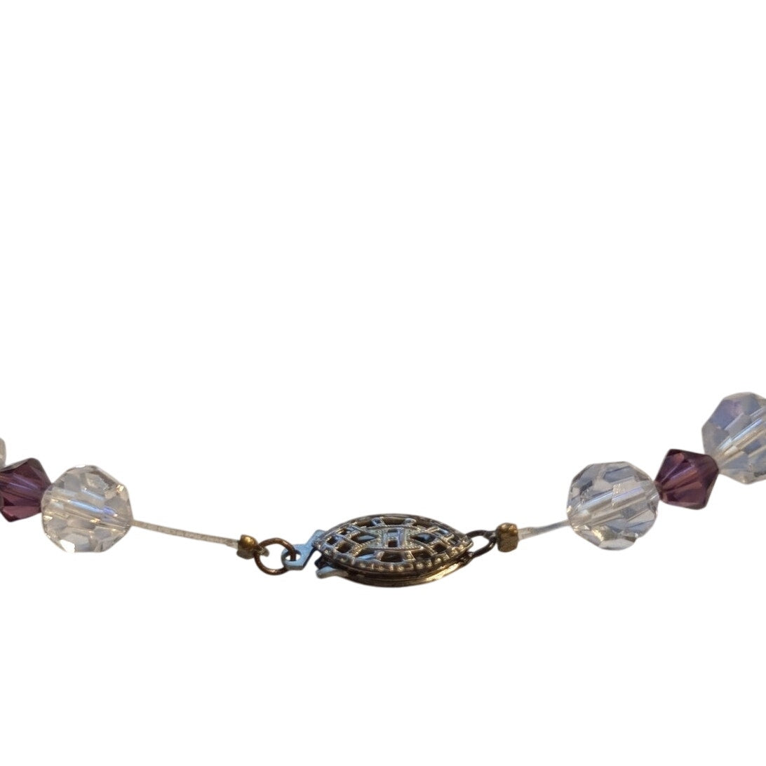 Vintage Clear &  Purple Crystal Bicone Bead Necklace W/ Fish Hook Clasp