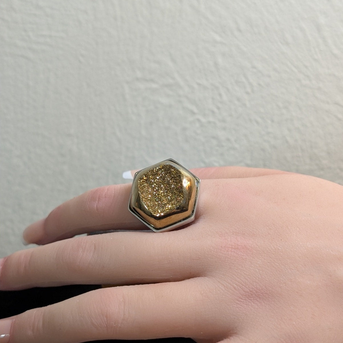 Chunky Hexagon Gold Druzy Quartz Two Tone Sterling Silver Ring Size 8