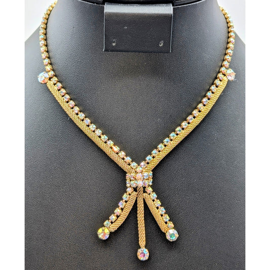 Vintage Aurora Borealis Rhinestone Gold Tone Mesh Tassel 15" Necklace